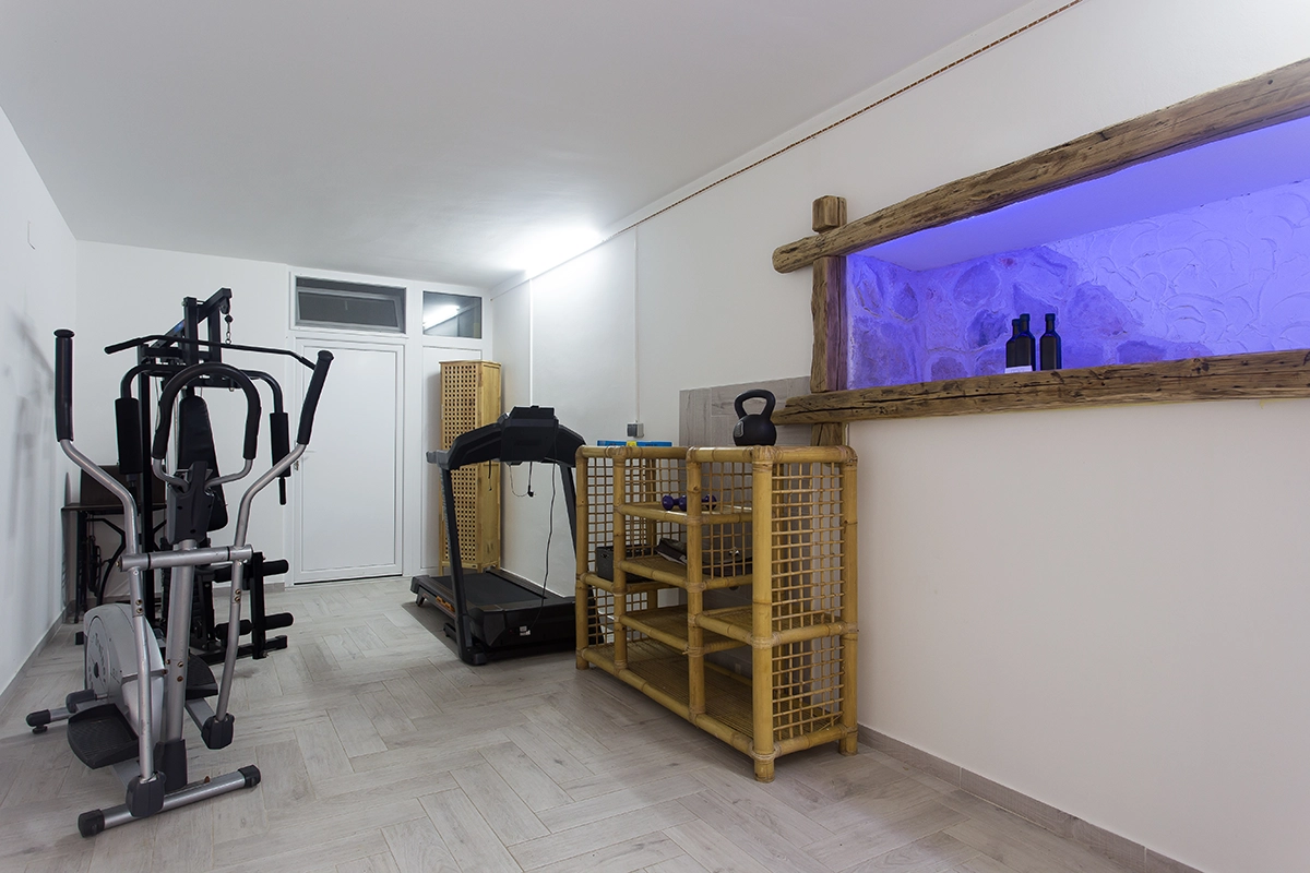 Gym in the villa's basement, equipped with a treadmill, a stationary bike, a shoulder or chest workout machine, and weights.